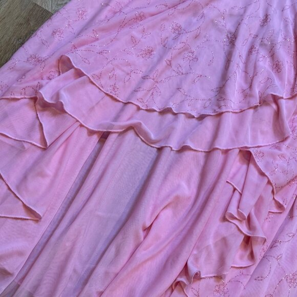 90s Y2K City Triangles Pink Floral Pattern Cottagecore Midi Dress With Ruffled H - Picture 11 of 13